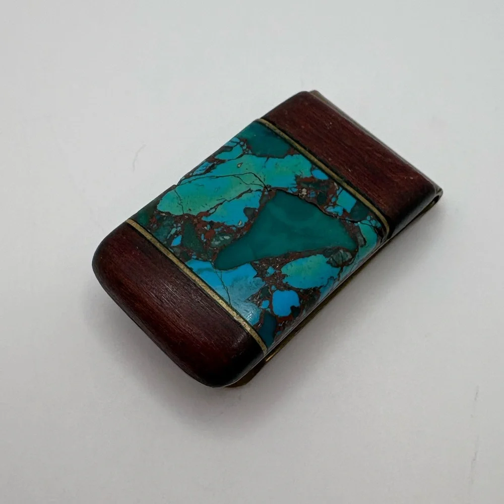 Vintage Turquoise, Wood & Brass Money Clip